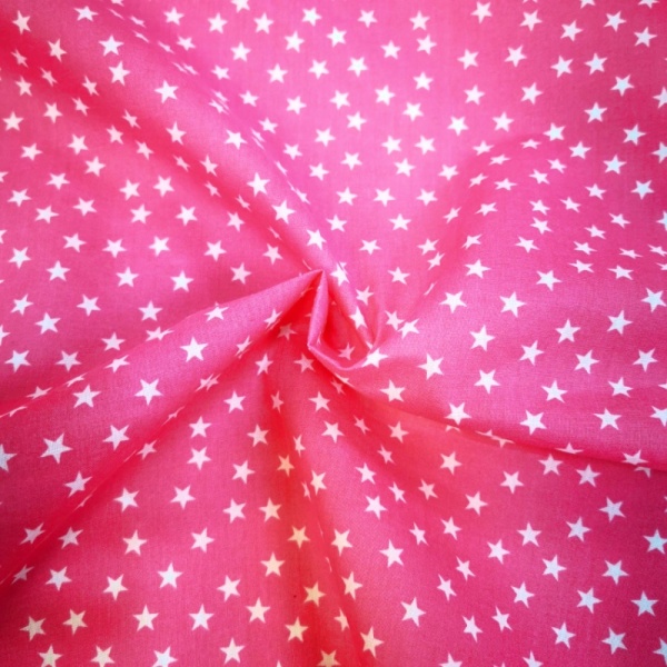 Star Print Polycotton - White Stars on Pink